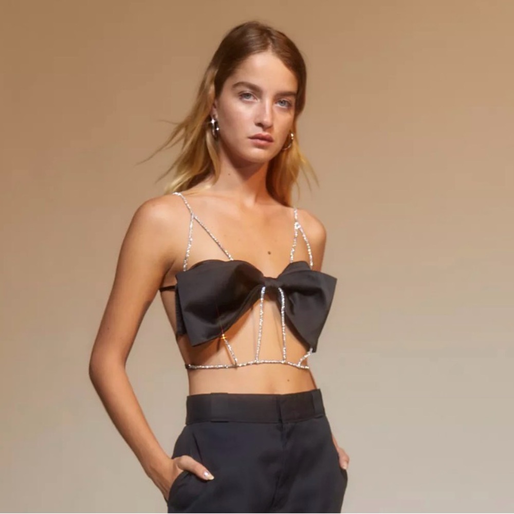 For Love & Lemons Black Crop Bow Top